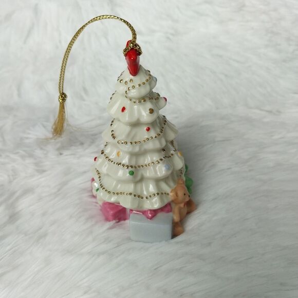 Lenox White and Gold Christmas Tree Teddy Bear & Presents Ornament - Picture 2 of 8